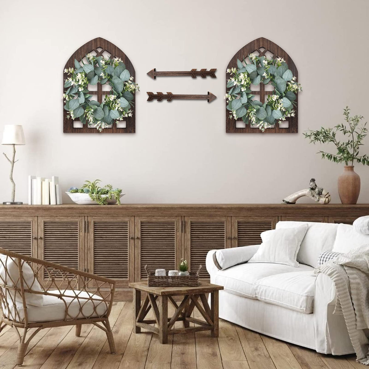 WAKOSAN Rustic Wood Window Frame with Green Wreath and Arrows Wall Decor，Farmhouse Wall Decor, Wooden Fake Window Decoration,Window Pane Wall Decor,Set of 2 (windows brown) WAKOSAN
