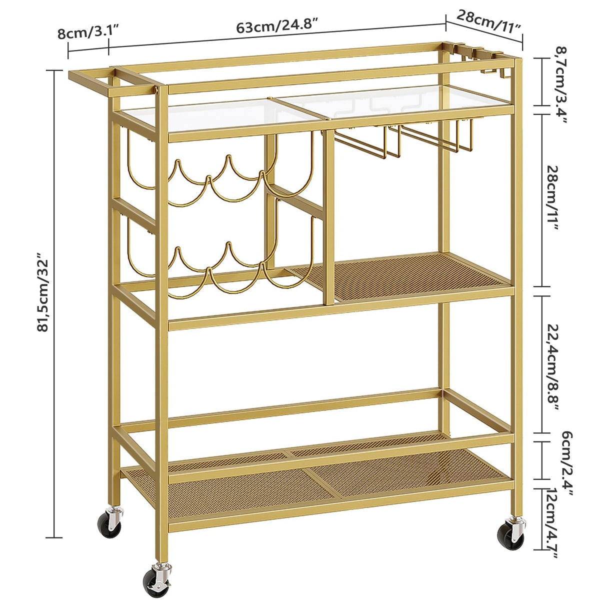 MAHANCRIS Bar Cart for Home, 3-Tier Serving Cart with Wheels and Handle, Beverage Cart with Wine Rack and Glass Holders, Rolling Wine Cart for Kitchen, Dining Room, Gold RCJ61B01 MAHANCRIS