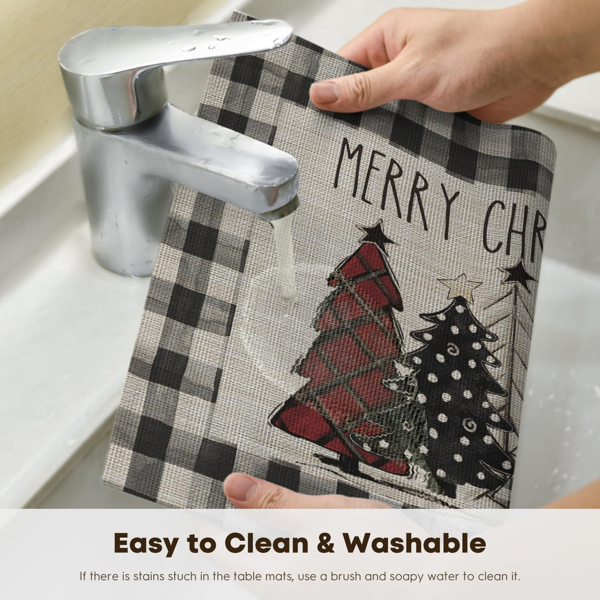 Artoid Mode Merry Christmas Trees Vinyl Placemats Set of 4, 12x18 Inch Black Buffalo Plaid Washable Heat Resistant Plastic Woven Table Mats for Party Dining Decor Artoid Mode