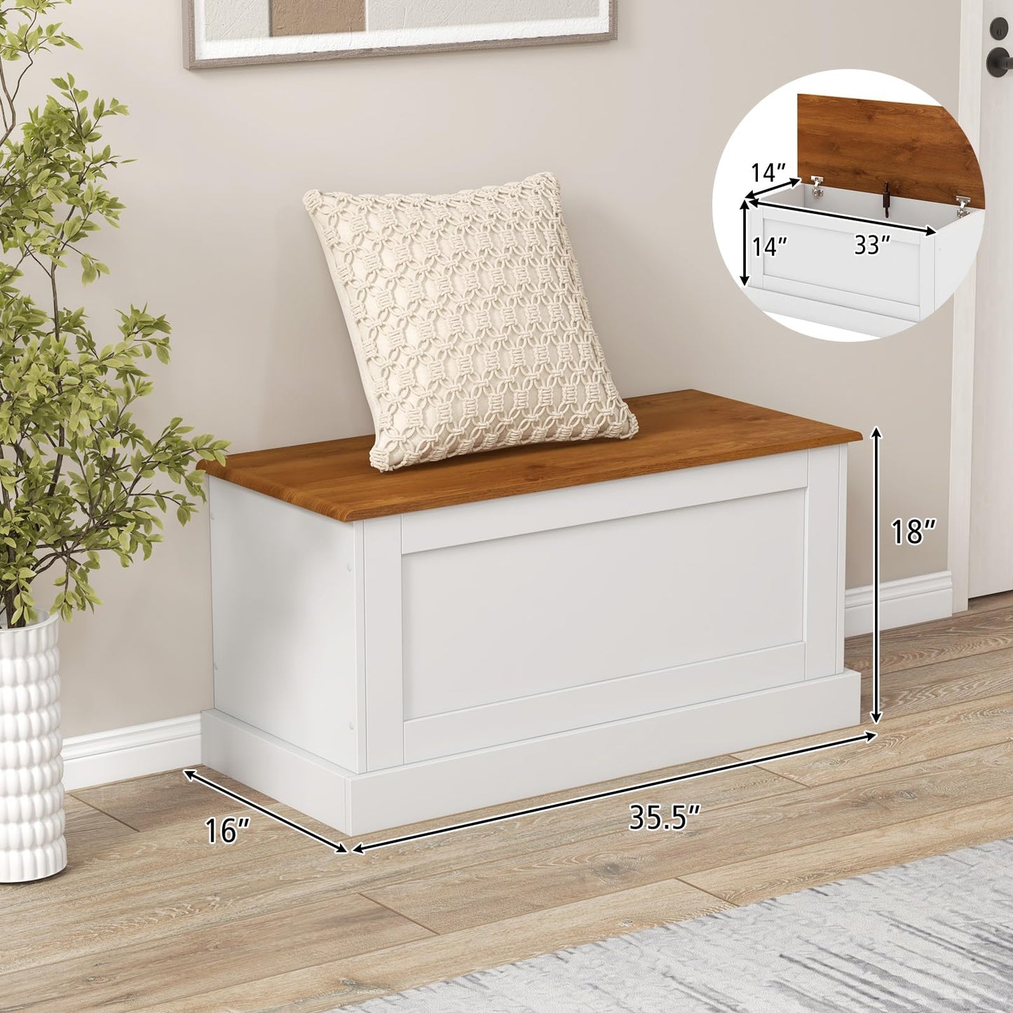 LOKO 35.5” Storage Bench, Lift Top Storage Box with Metal Hinges, Entryway Storage Chest with Safety Hydraulic Strut, Large Farmhouse Storage Trunk for Living Room, Bedroom, White and Natural - WoodArtSupply