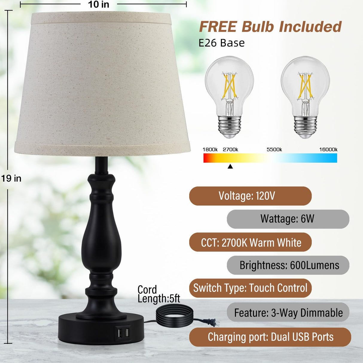 Lamps for Bedrooms Set of 2, Touch Bedside Table Lamps with USB Ports, 3 Way Dimmable Nightstand Lamps with Round Fabric Linen Lampshade for Living Room Reading Bed Side End Table, Bulbs Included EJIAXIN