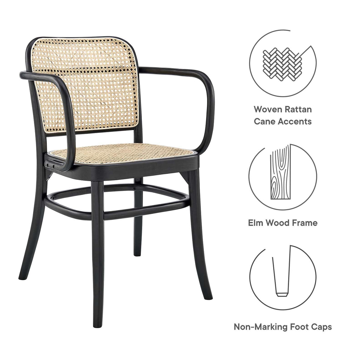 Modway Winona Elm Wood Dining Chair with Cane Rattan Seat in Black 21 x 22.5 x 32 Modway