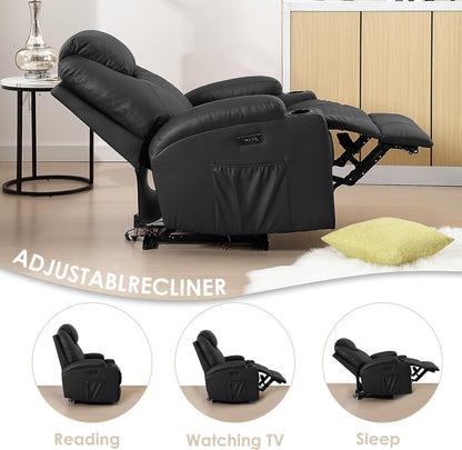 AHMED Power Recliner Chair, Home Theater Seating with LED Ambient Lighting, PU Leather Lazy Sofa Heat Massage Chair with Cup Holders/Side Pockets/USB Ports for Living Room (Black, Single)