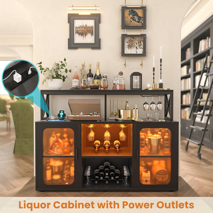 Aheaplus Bar Cabinet with Power Outlets, Liquor Cabinet with Led Lights and Glass Holder, Storage Buffet Cabinet Coffee Bar Cabinet for Liquor, Wine Cabinet with Racks -G2, Black - WoodArtSupply