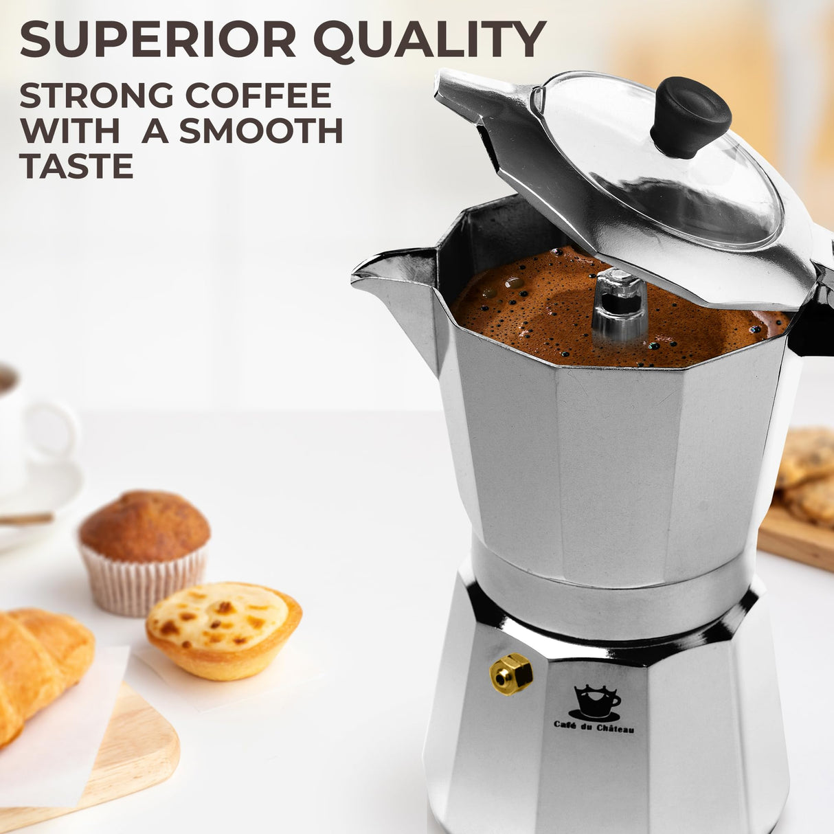 Cafe Du Chateau Espresso Maker (6 cup) Transparent Top Lid, High Gloss Finish, with Coffee Clip Spoon - Coffee Percolator, Camping Coffee Pot Cafe Du Chateau