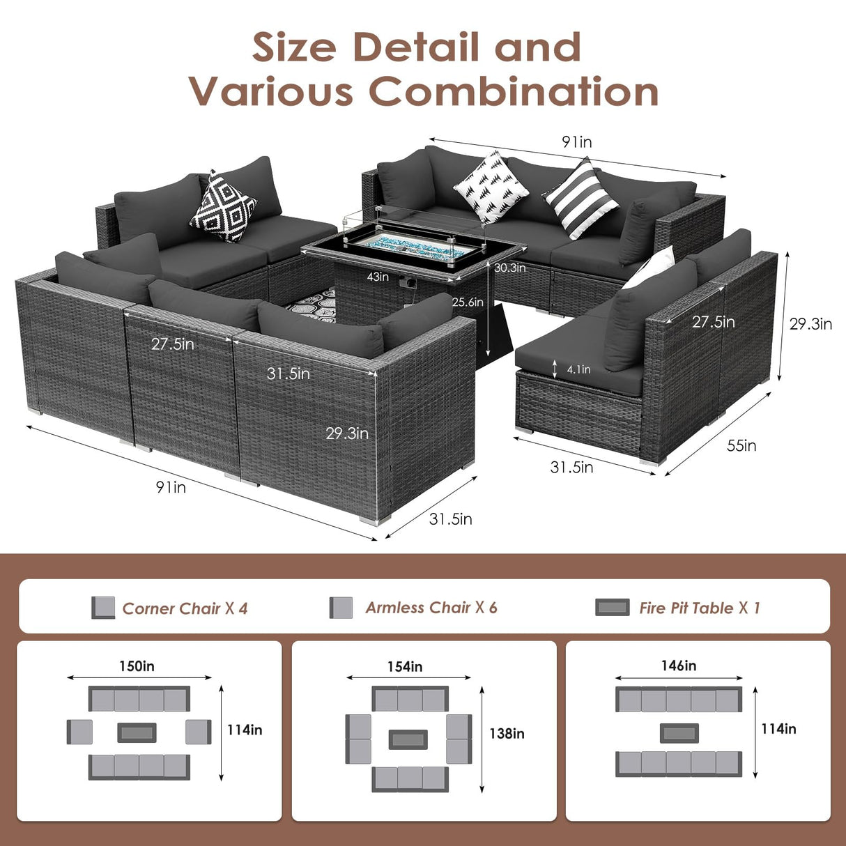 RADIATA PE Wicker Patio Furniture Set Sectional High Back Large Size Sofa Sets with Propane Fire Pit Table 55000 BTU Balcony Rattan Lounge Conversation Sets for Outdoor (11 Pieces,Dark Gray) RADIATA