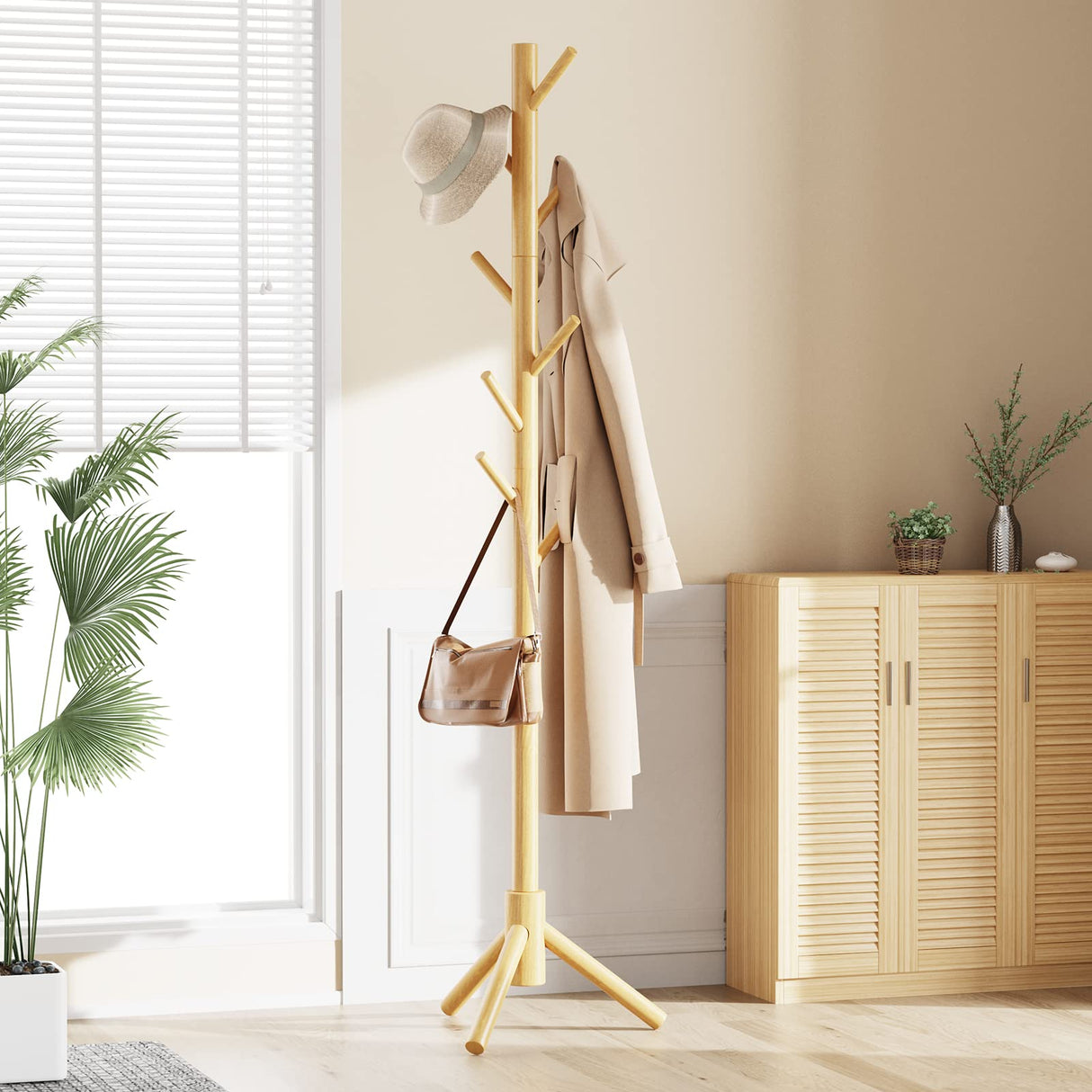 Pipishell Coat Rack Sturdy Wooden Coat Rack Stand, Adjustable Coat Tree, Free Standing Tree Hanger with 4 Sections & 8 Hooks, for Home/Bedroom/Office/Hallway/Entryway Pipishell