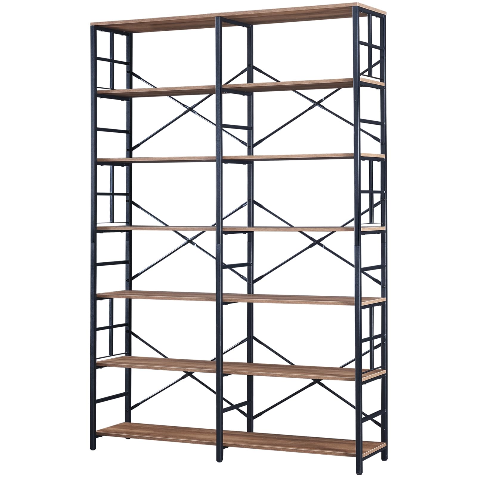 HOMISSUE 84" Industrial Double Wide 7-Tier Bookshelf in Rustic Brown - WoodArtSupply