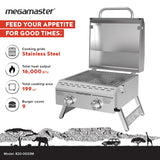 Megamaster Premium Outdoor Cooking 2-Burner Grill, While Camping, Outdoor Kitchen, Patio Garden, Barbecue with Two Foldable legs, Silver in Stainless Steel Megamaster