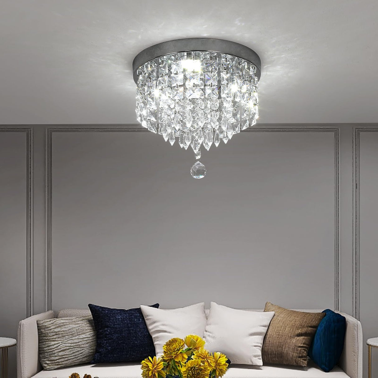 Deckrico Crystal Chandelier Modern Led Ceiling Light Flush Mount Stainless Steel Fixture Beaded Light Shade for Bedroom Dining Room Hallway Porch (White Light) Deckrico