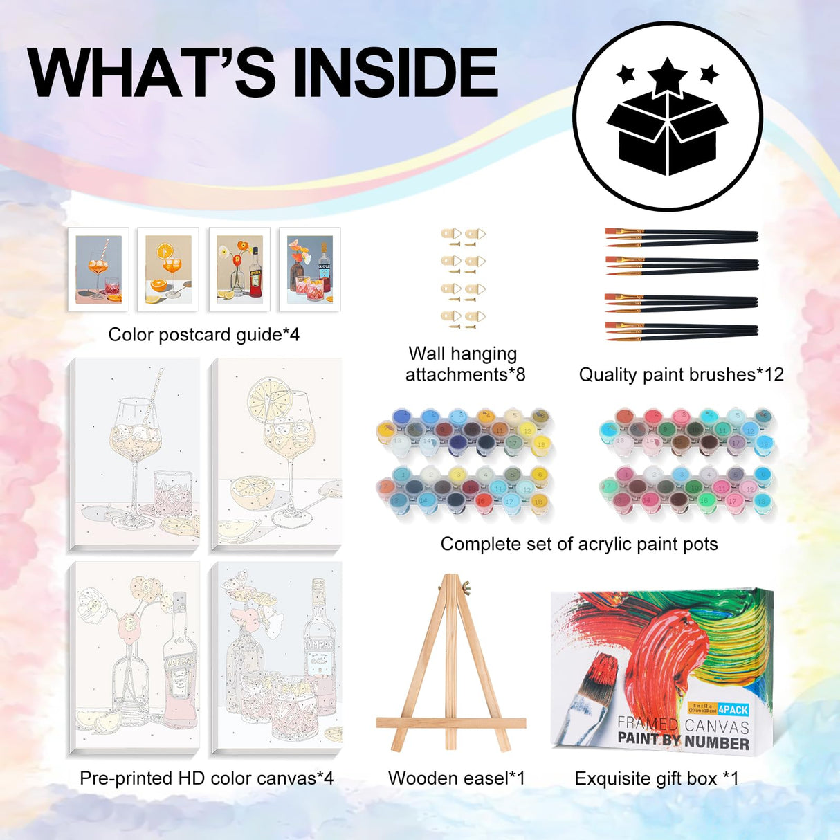 4 Pack Framed Paint by Numbers Kit for Adults Beginner with Wooden Easel, Cocktail Paint by Number Kits with Frame, DIY Acrylic Wine Glass Painting by Numbers for Home Wall Decor Gift 8x12 inch Yezavesu
