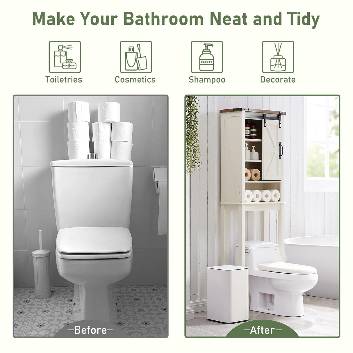 Farmhouse Over The Toilet Storage Cabinet with Sliding Barn Door & Adjustable Shelves in Rustic Oak and Antique White OKD