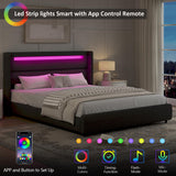 HOMBCK Full Size Bed Frame with Headboard and LED Lights, Boucle Upholstered Platform Bed with Wingback Design, Modern Soft Bed Frame, No Box Spring Needed, Easy Assembly, Grey HOMBCK