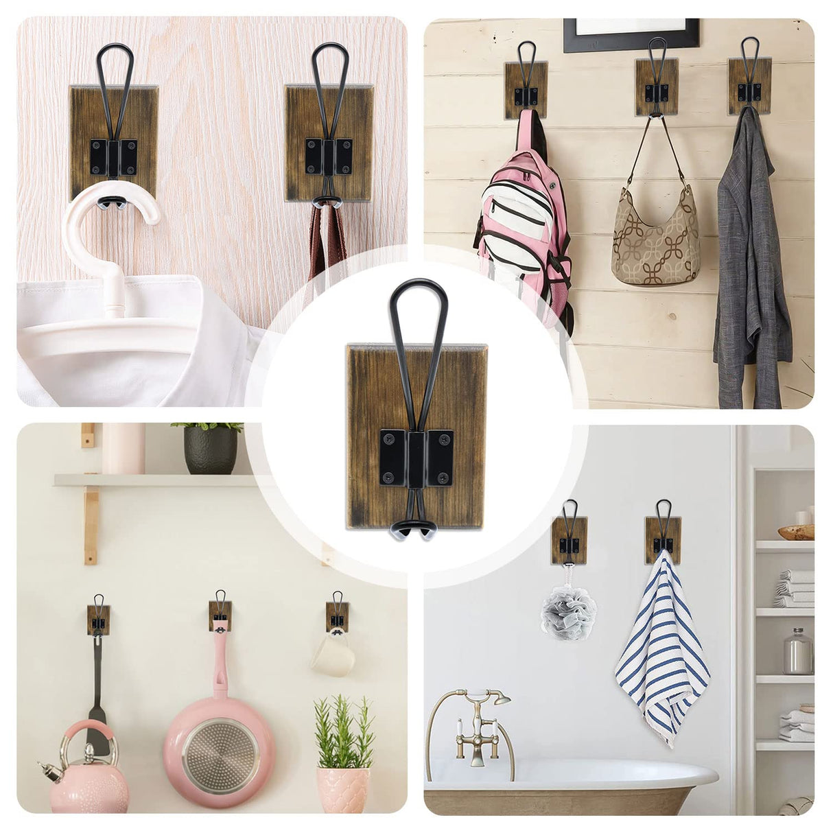 TEGUEPS Wall Hooks for Hanging,Coat Hooks,Hat Hangers for Wall,2 Pack Adhesive Towel Hooks for Bathroom,Wood Coat Rack for Robe Keys Backpack Purse(Weathered Brown) TEGUEPS