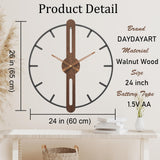 DAYDAYART Modern Walnut Dial Wall Clock, Wood Large Wall Clock Decor Metal Frame Silent Non Ticking for Living Room, Bedroom, Kitchen, Study Decoration, Handmade Home Present Idea, 24 in （60 cm） DAYDAYART