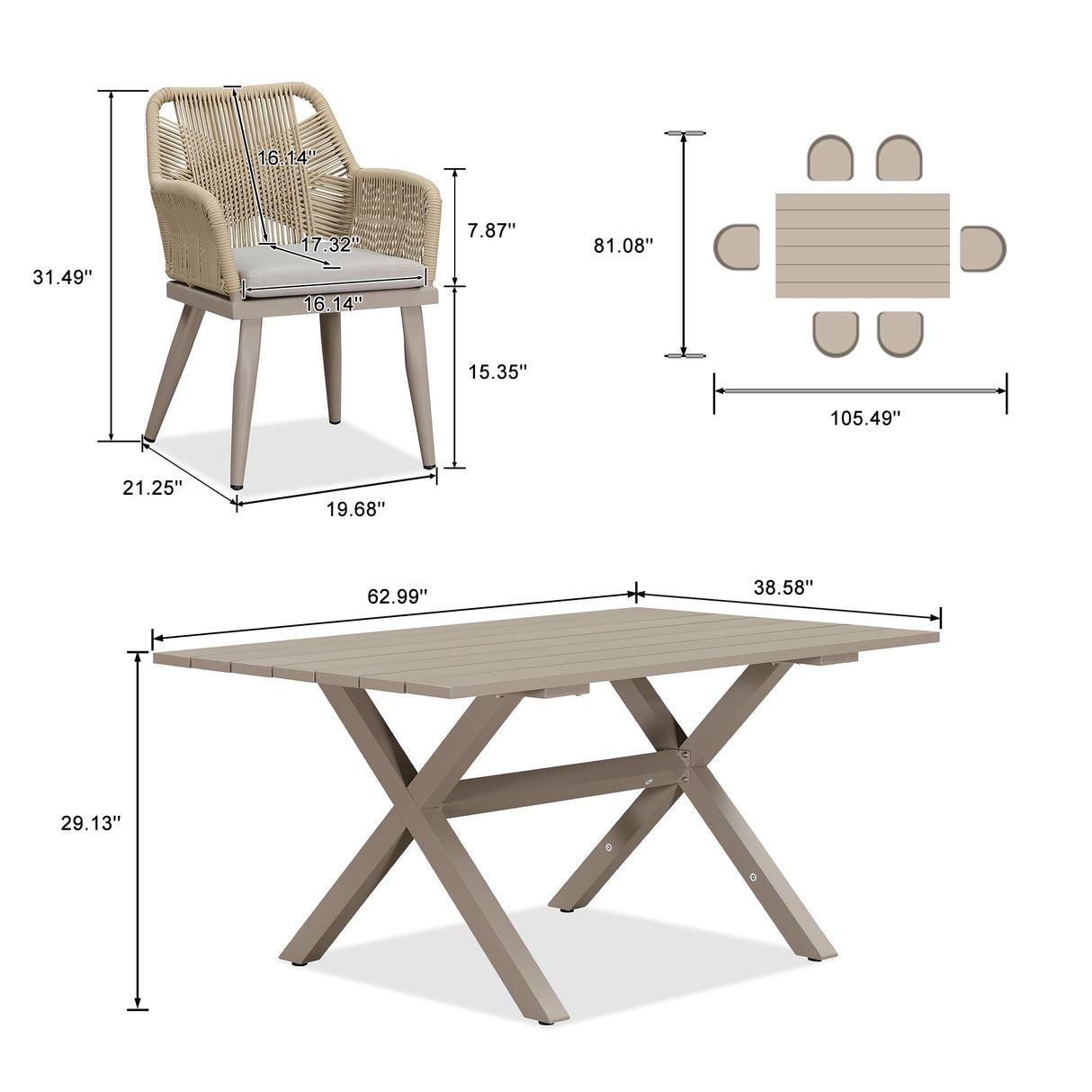 PURPLE LEAF 7 Pieces Outdoor Dining Set All-Weather PE Rattan Outdoor Patio Furniture Set with All Aluminum Frame Rectangular Table and Chairs Set for Lawn Garden Backyard Deck, Champagne PURPLE LEAF