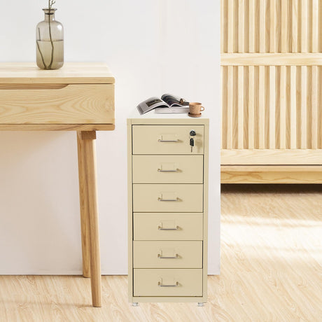 Philipreba 11x16x27in Metal File Storage Cabinet with 6 Drawers, Vertical Home Office File Folders Storage Cabinet with Wheels, Lockable Lateral File Box for Letter A4 File Size (Light Yellow) Philipreba