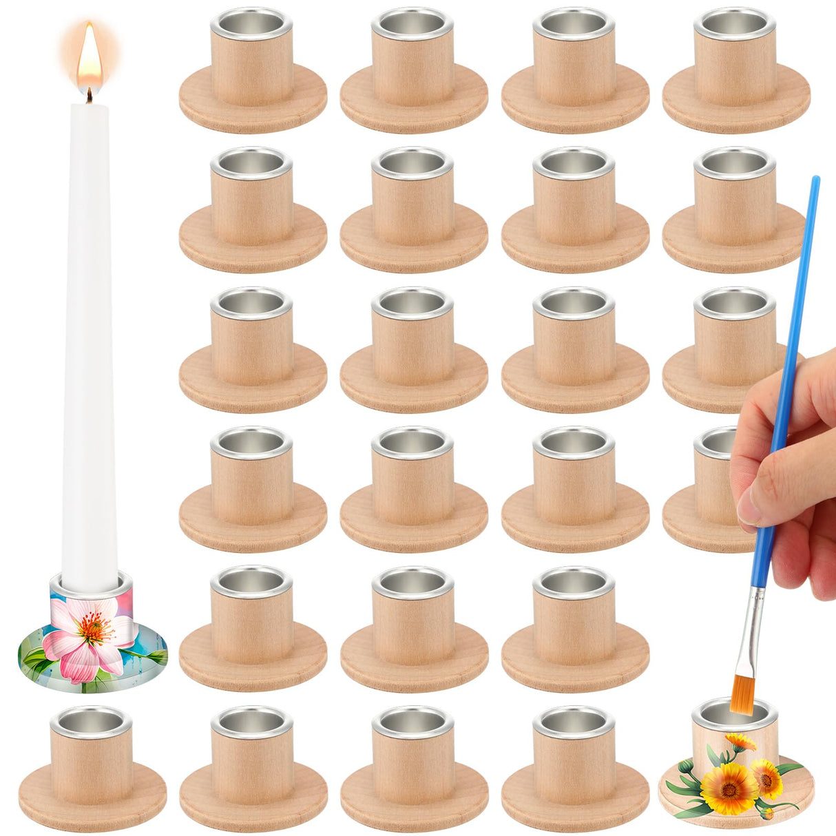 Havawish 24 Pcs Unfinished Blank Wooden Candlestick Holders Bulk Taper Candle Holders with Metal Candle Cups DIY Painting Decor for Wedding, Party Table Dining Decor Havawish