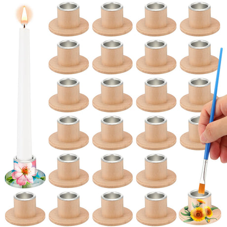 Havawish 24 Pcs Unfinished Blank Wooden Candlestick Holders Bulk Taper Candle Holders with Metal Candle Cups DIY Painting Decor for Wedding, Party Table Dining Decor Havawish