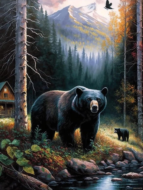 DIY 5D Diamond Painting Kits, Forest Black Bear Painted Animal Landscape Full Round Crystal Diamond Art Kits for Interior Home Wall Decor Gifts 12x16 Inch JXAVAXDE