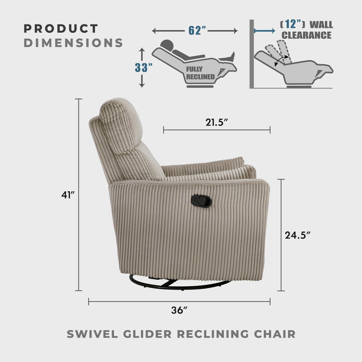 Lexicon Modern Swivel Glider Recliner Chair, Nursery Glider, Corduroy Fabric Upholstery Recliner with 2 Lumbar Pillows, Manual Reclining Sofa Chair for Living Room/Office/Apartment, Taupe Lexicon