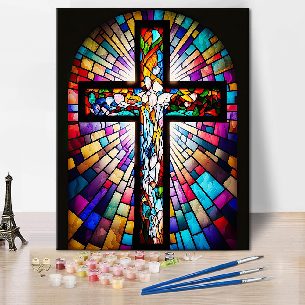 TUMOVO DIY Paint by Numbers for Adults Beginner Jesus Cross Paint by Number Kits on Canvas Christian Acrylic Oil Hand Painting with Brushes Art Crafts for Home 16"x20"(Frameless) TUMOVO