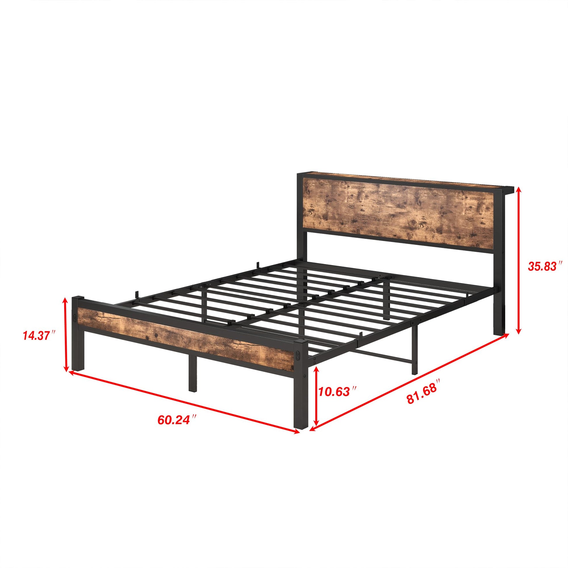 DUMEE Queen Size Bed Frame with Wood Storage Headboard - Metal Platform Design, No Box Spring Needed, Noise-Free, Black & Rustic Brown - WoodArtSupply