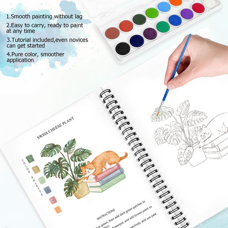 Watercolor Workbooks, 16 Colors Water Color Books Paint Set for Adults, Watercolor Coloring Book for Beginners, Water Color Workbook, 15 Beautiful Paintings for Beginners (Plants) Terself