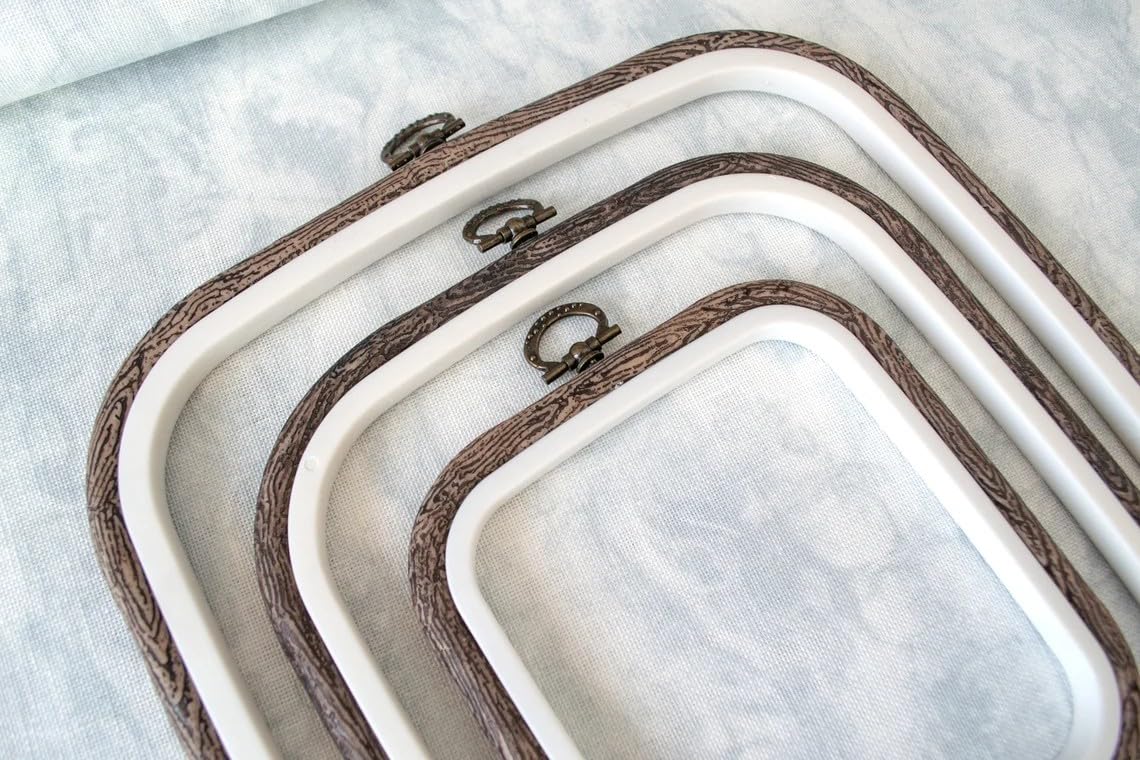 Nurge 3 Piece Embroidery Hoop Set Imitated Wood Display Frame, Plastic Cross Stitch Hoop, Rubber Embroidery Frame (Square Set, 3 Pcs Size Set) Nurge