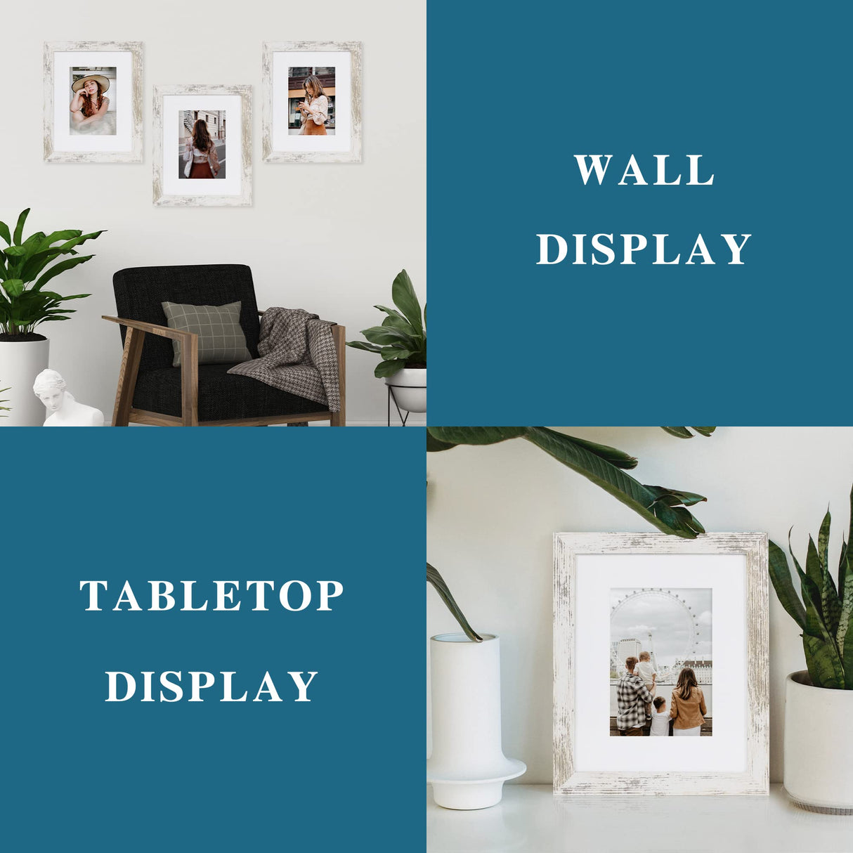 Hongkee 8x10 Picture Frame Set of 4, Made of Real Glass and Distressed White Wooden Frame, 8 by 10 Photo for Wall or Tabletop - Display Picture 5x7 with Mat or 8x10 Without Mat Hongkee