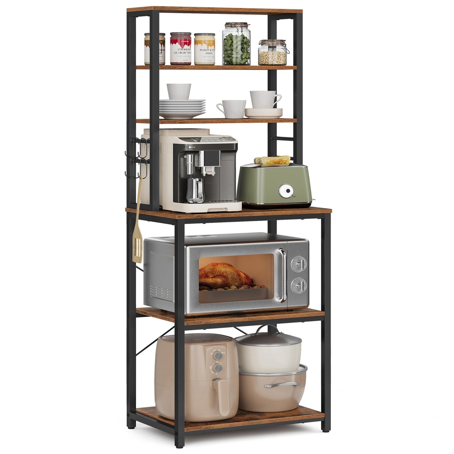 VASAGLE Rustic Brown and Black 6-Tier Kitchen Baker's Rack with Storage and S-Hooks - WoodArtSupply