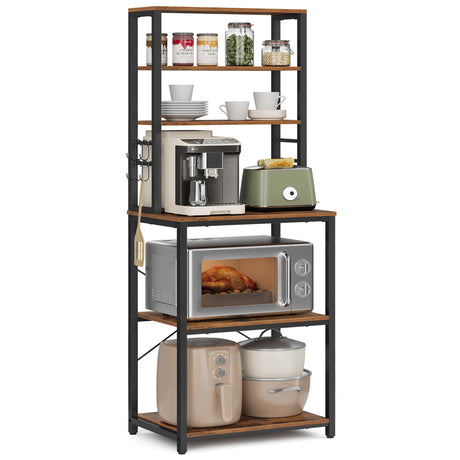 VASAGLE Rustic Brown and Black 6-Tier Kitchen Baker's Rack with Storage and S-Hooks VASAGLE