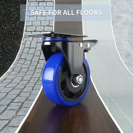 5 Inch Caster Wheels with Safety Dual Locking, Heavy Duty Casters Set of 4, Industrial Swivel Casters 2400Lbs, Polyurethane No Noise Wheels for Cart, Furniture(Bonus of 2 Hardware Kits) WOZESEIK
