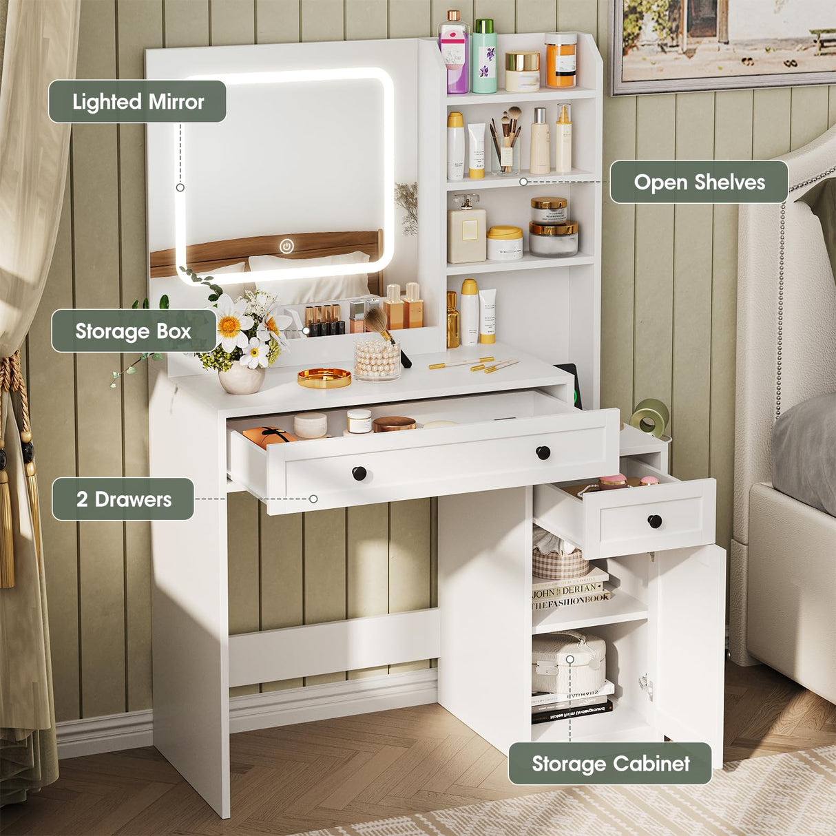 Vabches 35" Vanity Desk with Mirror and Lights, Farmhouse Makeup Vanity with Drawers & Power Outlet, Vanity Table with 3 Color Modes, Vanity Desk for Bedroom, White Vabches