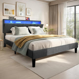 DWVO King Size Bed Frame with Storage Headboard, Upholstered Bed Frame with LED Lights, Platform Bed with Charging Station, No Box Spring Needed, Easy Assembly, Grey DWVO