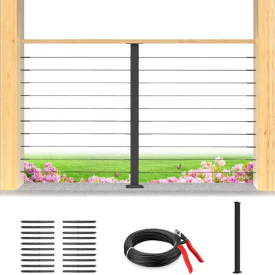 Gyykzz 5FT-8FT Porch Railing, 36" Matte Black Level Drilled Cable Railing Post Kits System for Outdoor Wood Porch with 1 Stainless Steel Railing Post, 99ft Black Cable, 20 Thread Swage Lag Screws
