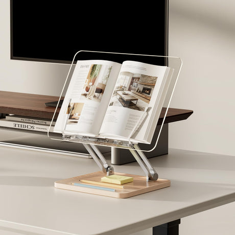 Adjustable Acrylic Book Stand for Reading, Book Holder with Pen Slot, Foldable Desktop Riser for Laptop, Recipe, Textbook - Hands-Free,Cookbook Stand, Clear Design with Page Clips UPERGO
