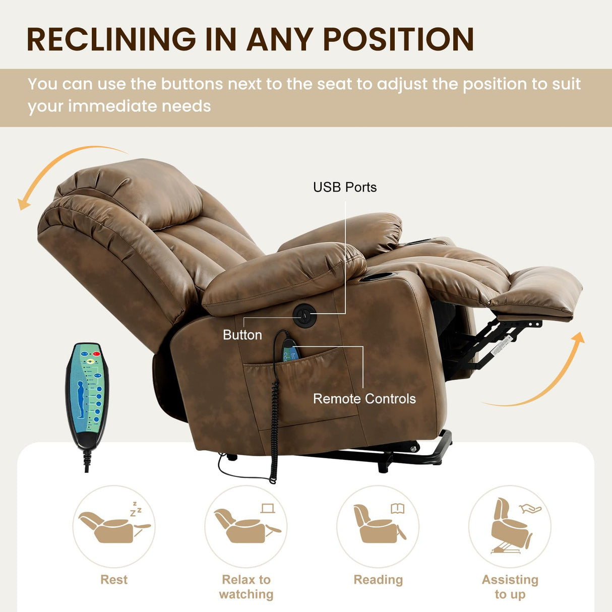 COOSLEEP Power Lift Recliner Chair for Elderly with Massage and Heat, Breathable Leather Recliner Chair for Adults, 2 Cup Holders, USB Ports, Electric Support of Metal,Remote(Light Brown) COOSLEEP HOME