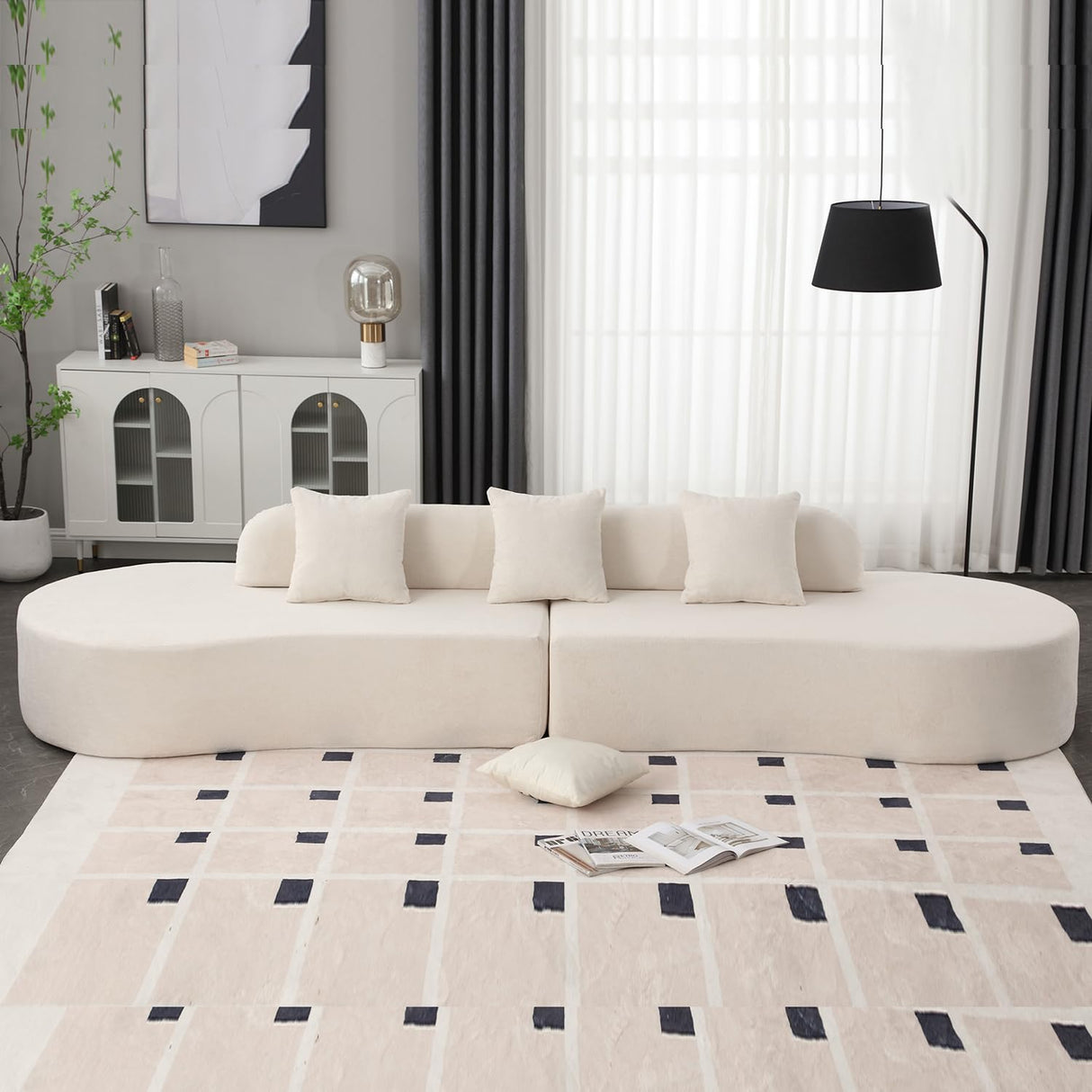 Suheww 130.5” Curved Sofa for Living Room, Cloud Sectional Couch Modern Boneless Lounge Sofa, 4-Seater Beige Oversized Compressed Couch with 3 Pillows for Apartment Bedroom Office Suheww