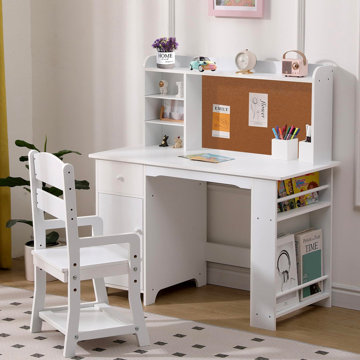 GarveeHome Kids Desk and Chair Set, Wooden Study Table with Storage Shelf, Bulletin Board, Children School Learning Desk Set, Writing Table for Boys and Girls, White GarveeHome