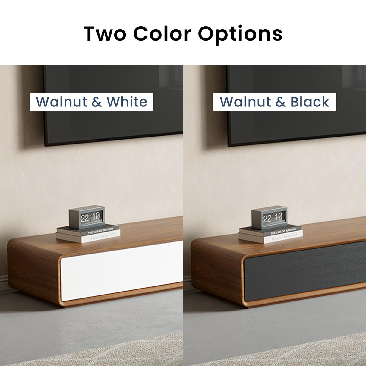 POVISON Modern TV Stand, Media Console with 4 Drawers, Soild Wood Entertainment Center for 75+ 90 Inch TV, Fully-Assembled, Black & Walnut Veneer, 94.5” POVISON