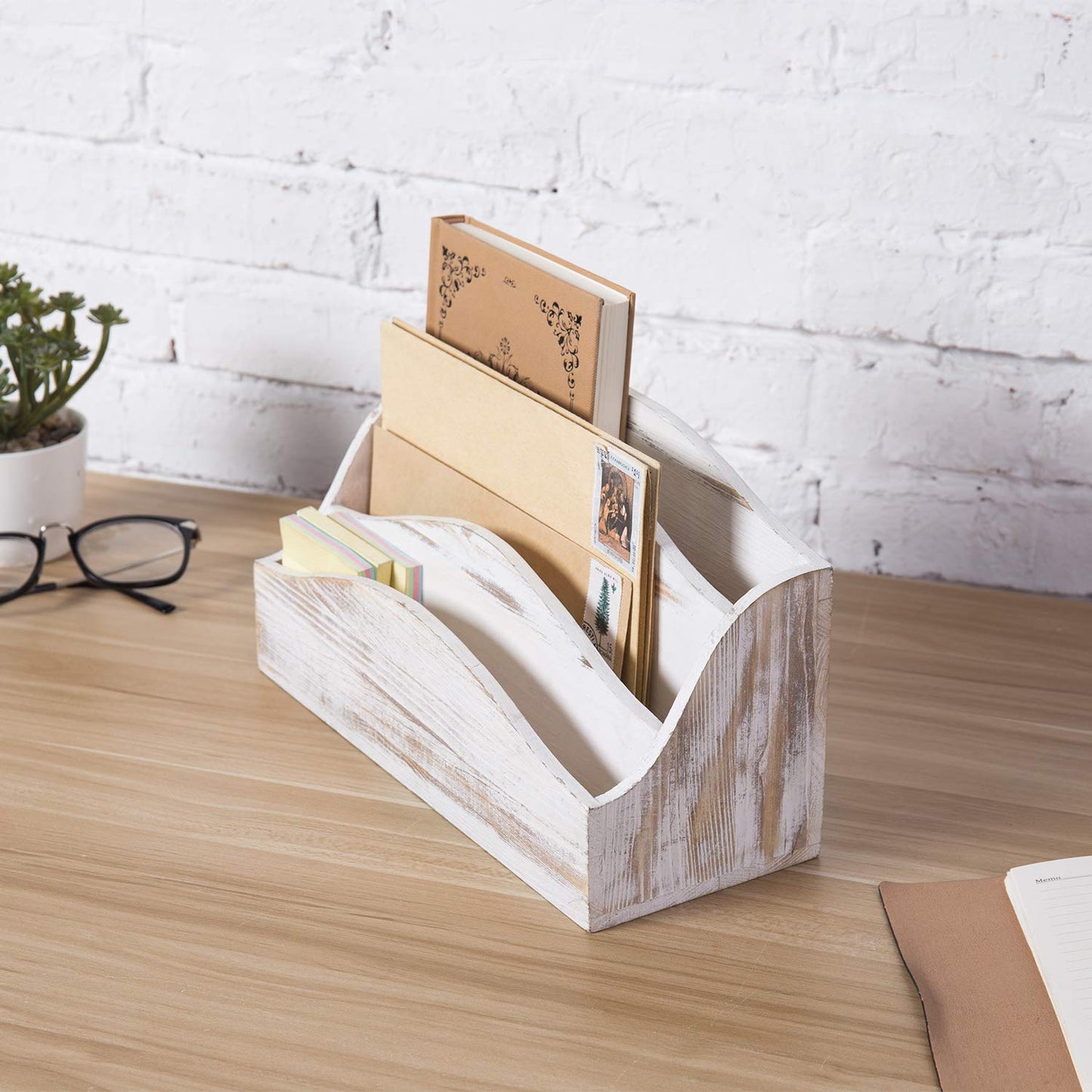 MyGift 3 Slot Shabby White Washed Solid Wood Home Countertop Mail Letter Holder, Wooden Office Desk Organizer, File Sorter, Bill Divider, Envelope Storage Bin - WoodArtSupply