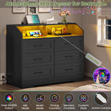 Hasuit Black Dresser with LED Lights and Charging Station, Chest of 6 Drawers with Open Space, Modern Wood Storage Tower Clothes Organizer, Storage Cabinet with Deep Drawers, Black Dresser for Bedroom Hasuit