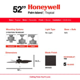 Honeywell Ceiling Fans Palm Island, 52 Inch Tropical Indoor Outdoor Ceiling Fan with No Light, Pull Chain, Three Mounting Options, 5 Palm Leaf Blades, Wet-Rated - 50207-01 (Bronze) Honeywell Ceiling Fans