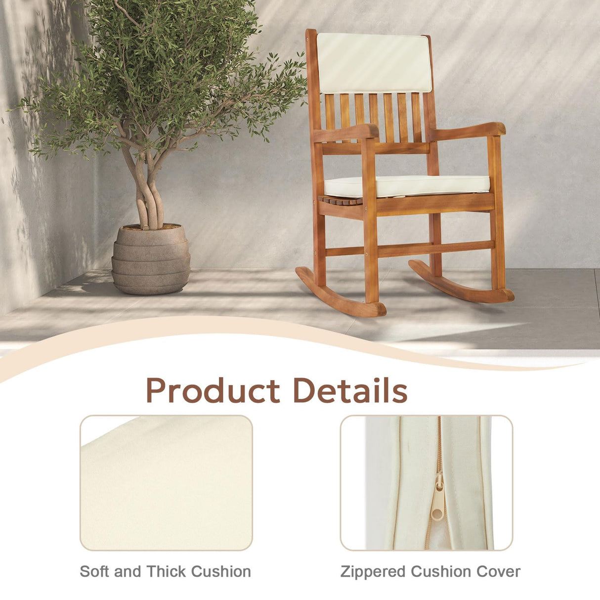 VINGLI Acacia Outdoor Rocking Chair with Cushions, Wooden Rocker Support 550 LBS for Indoors & Outdoors, 1 Pack VINGLI