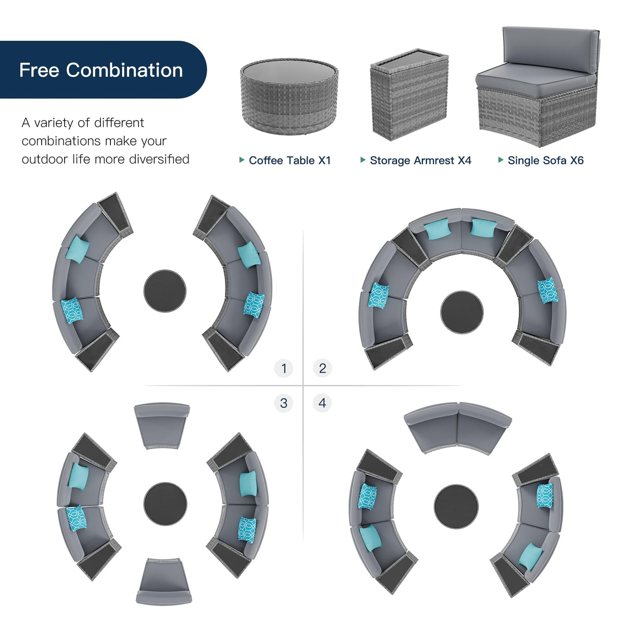 Amopatio Outdoor Patio Sectional Furniture Sets, 11 Pcs Curved Patio Couch with Storage Armrest Table and 4 Pillows, Half-Moon Outdoor Sofa Fit Porch Poolside Garden (Included Waterproof Cover) Amopatio