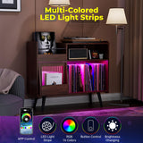 Large Record Player Stand with Sliding Door,350 Vinyl Record Storage Cabinet, Record Player Table with Power Outlet and LED Light,Turntable Stand with Wood Legs for Living Room,Bedroom,Office Bonvork