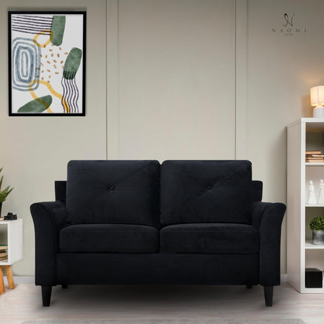 Raelynn Button Tufted Loveseat Affordable Black Loveseat for Budget-Conscious Buyers Microfiber Couch for Small Spaces Durable Sturdy Living Room Furniture Tool-Free Assembly and Easy Maintenance Naomi Home