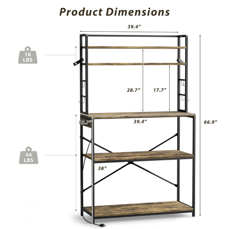YESHOMY Kitchen Baker’s Rack with Power Outlet, 5-Tier Microwave Stand, Coffee Bar with 8 S-Shaped Hooks, Heavy Duty Storage Shelf Unit for Spices, Pots, Brown YESHOMY