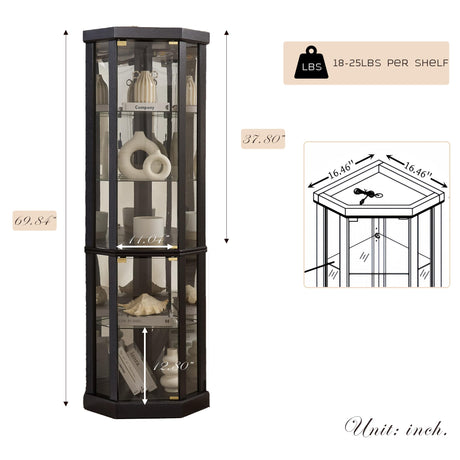 CKEASEAN Corner Curio Cabinet, 70" H Lighted Glass Display Cage with Tempered Glass Doors and 5 Adjustable Shelves, Light Bulb Inclued, Wine Bar China Cabinet for Living Room (Black) CKEASEAN